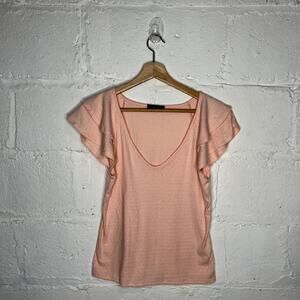 Saints 21 Women's Pink Ribbed Ruffle Short Sleeve V-Neck Top Size Large